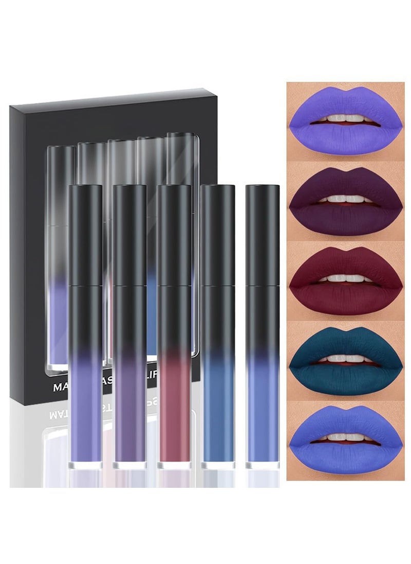 evpct 5Pcs Dark Light Blue Plum Purple Red Violet Matte Liquid Lipstick Lip Stain Sets for Women Matte+Lipstick Long Lasting 24 hr Hours Magic Lipstick 24 Hours original Waterproof Set02