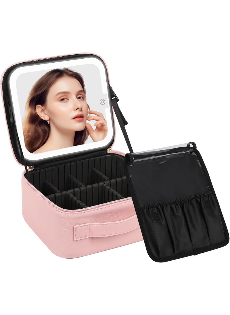 Chomeiu Makeup Bag with LED Mirror, Cute Cosmetic Bags Birthday Gifts for Girls Women, Makeup Train Case Artists Organizer Large Make Up Bags with Light Up Mirror 3 Color Lights, Pink