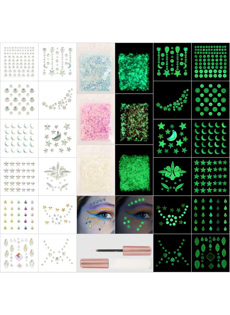 Noctilucent Face Gems, 12Pcs Luminous Face Jewels Rhinestones Stickers and 15g Chunky Glitter Glow in The Dark for Face Eye Glow Make up Festival Dress-up Face Jewelry Rave Accessories Party Supplies