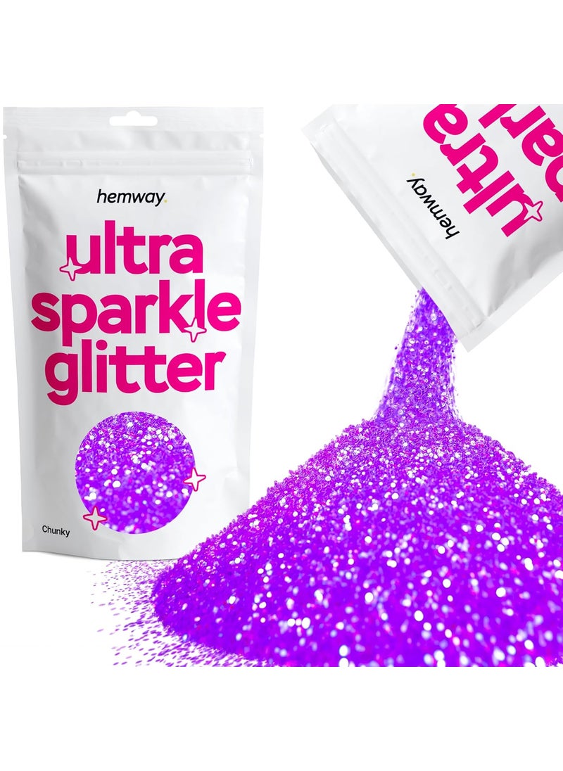 Hemway Premium Ultra Sparkle Glitter Multi Purpose Metallic Flake for Arts Crafts Nails Cosmetics Resin Festival Face Hair - Fluorescent Purple - Chunky (1/40