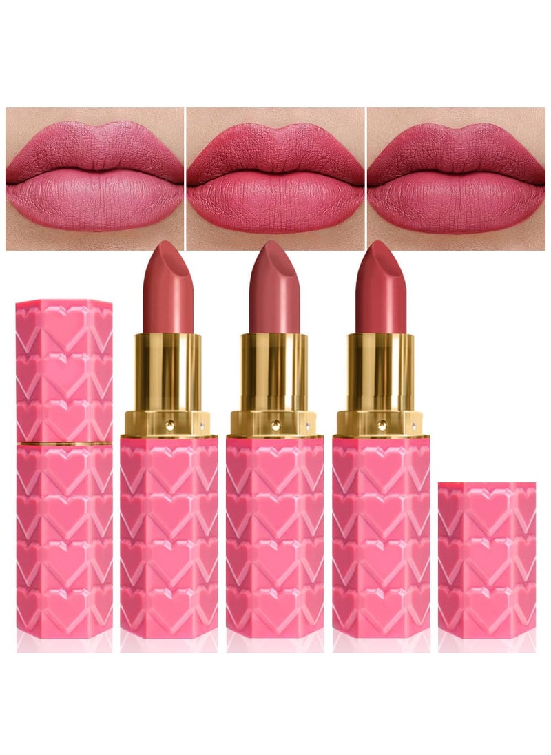 3 Pcs Matte Velvet Lipstick for Women Set,Nude Long Lasting Matte Lipstick 24H Waterproof for Girls Natural Lip Makeup,Matte Non-Stick Lipstick Makeup for Women,labiales magicos 24 horas originales