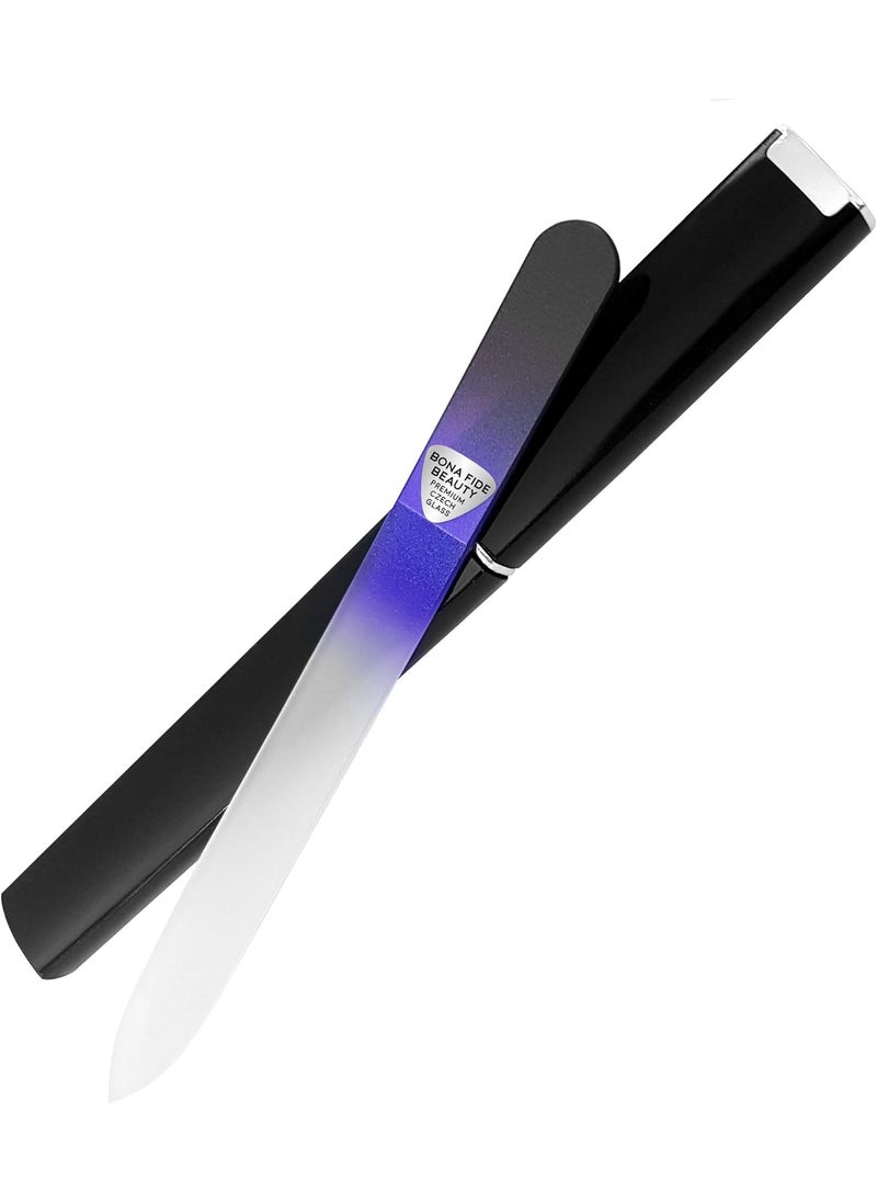 Bona Fide Beauty Glass Nail File with Hardcase, 1Piece Manicure Glass Fingernail Files in Black Cobalt. Made in The EU. Strong Reusable Nail Files