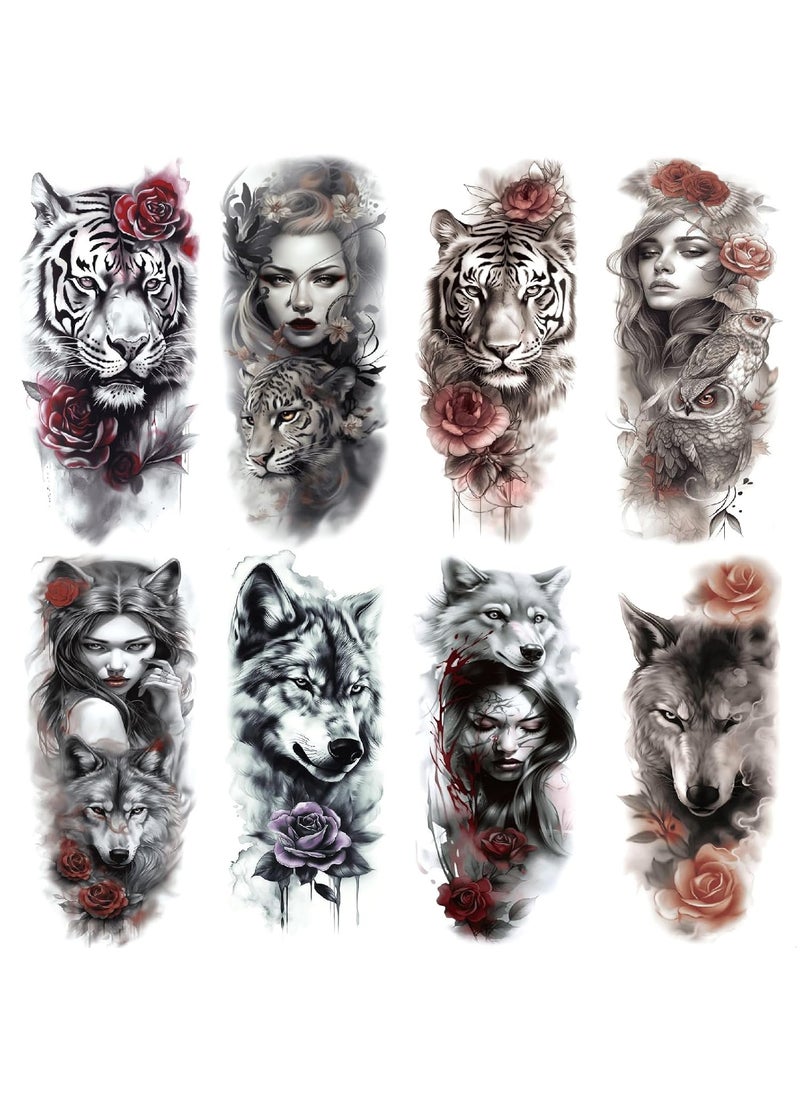 8 Sheets Arm Waterproof Body Art Temporary Tattoos Gray Tiger Red Rose Wolf Women owl