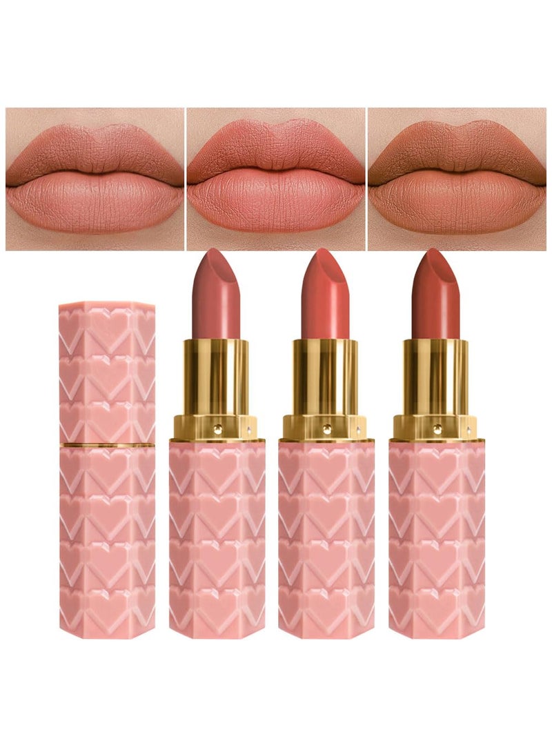 3 Pcs Matte Velvet Lipstick for Women Set,Nude Long Lasting Matte Lipstick 24H Waterproof for Girls Natural Lip Makeup,Matte Non-Stick Lipstick Makeup for Women,labiales magicos 24 horas originales