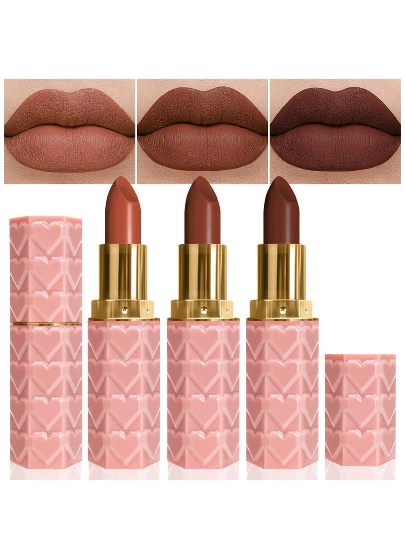 3 Pcs Matte Velvet Lipstick for Women Set,Nude Long Lasting Matte Lipstick 24H Waterproof for Girls Natural Lip Makeup,Matte Non-Stick Lipstick Makeup for Women,labiales magicos 24 horas originales