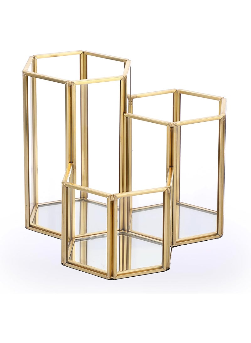 Hipiwe Glass Makeup Brush Holder 3 Slot Mirrored Gold Cosmetics Brush Organizer Eyeliners Display Case Vintage Decorative Makeup Storage Box Desktop Pen Pencil Pot, Large
