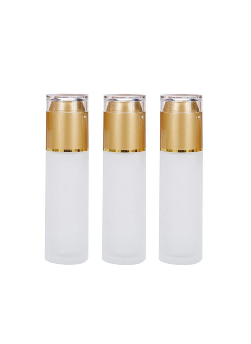 3PCS Clear Empty Frosted Glass Lotion Pump Bottle With Golden Acrylic Cover Reusable Storage Vial Sample Packing Dispenser Container For Storing Facial Cleanser Essence Liquid Foundation(60ML/2OZ)