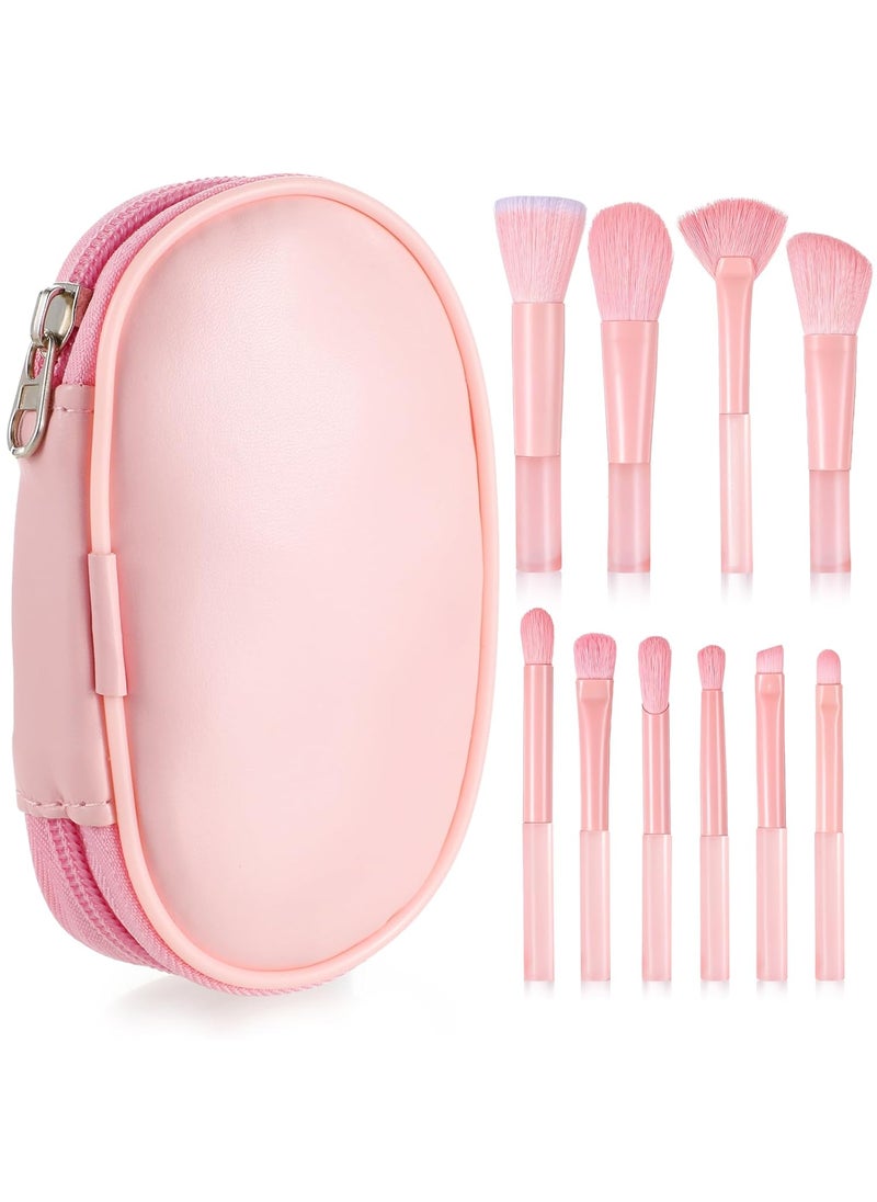 10 Pcs Travel Makeup Brush Set with Case Pink Mini Makeup Brushes Portable Travel Size Make up Brushes Kabuki Powder Foundation Blush Highlight Eye Blending Shadows Concealer Lips Brush for Travel