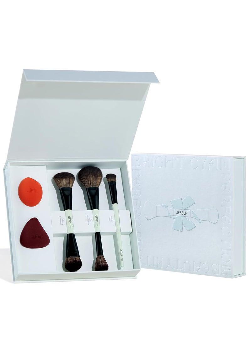 Jessup Face Makeup Brushes with Makeup Sponge, 3pcs Double Ended Makeup Brush for Foundation Contour Blush Highlight and Concealer Brush, Premium Synthetic Brush Set with Gift Box, T510