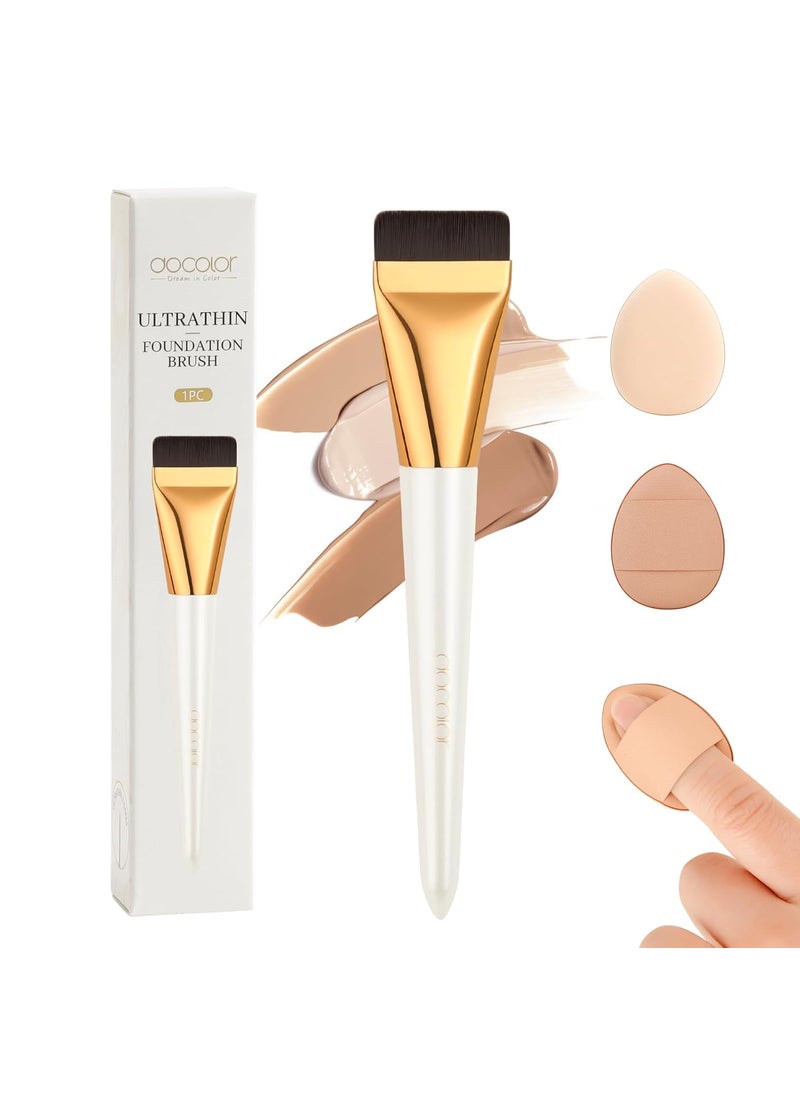 docolor Flat Foundation Brush for Liquid Makeup - 2Pcs Mini Powder Puff Set Premium Korean Makeup Brush for Blending, Cream Portable Finger Puffs Perfect for Under Eye Setting, Concealer