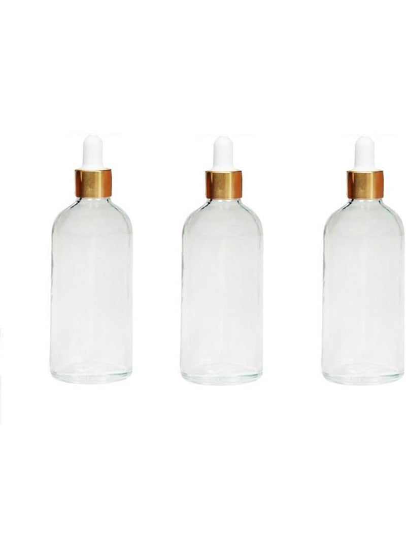 3Pcs Portable Empty Refillable Clear Glass Essential Oil Dropper Bottles Makeup Cosmetic Sample Container Jars With Glass Eye Dropper and White Rubber Cap(100ml/3.3oz)