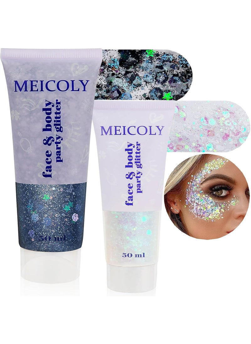 MEICOLY Black and Clear White Face Body Glitter Set,Mermaid Face Glitter Gel,Singer Concerts Festival Rave Accessories,Chunky Sequins Glitter Face Paint for Women and Kids,Sparkling Glitter Makeup