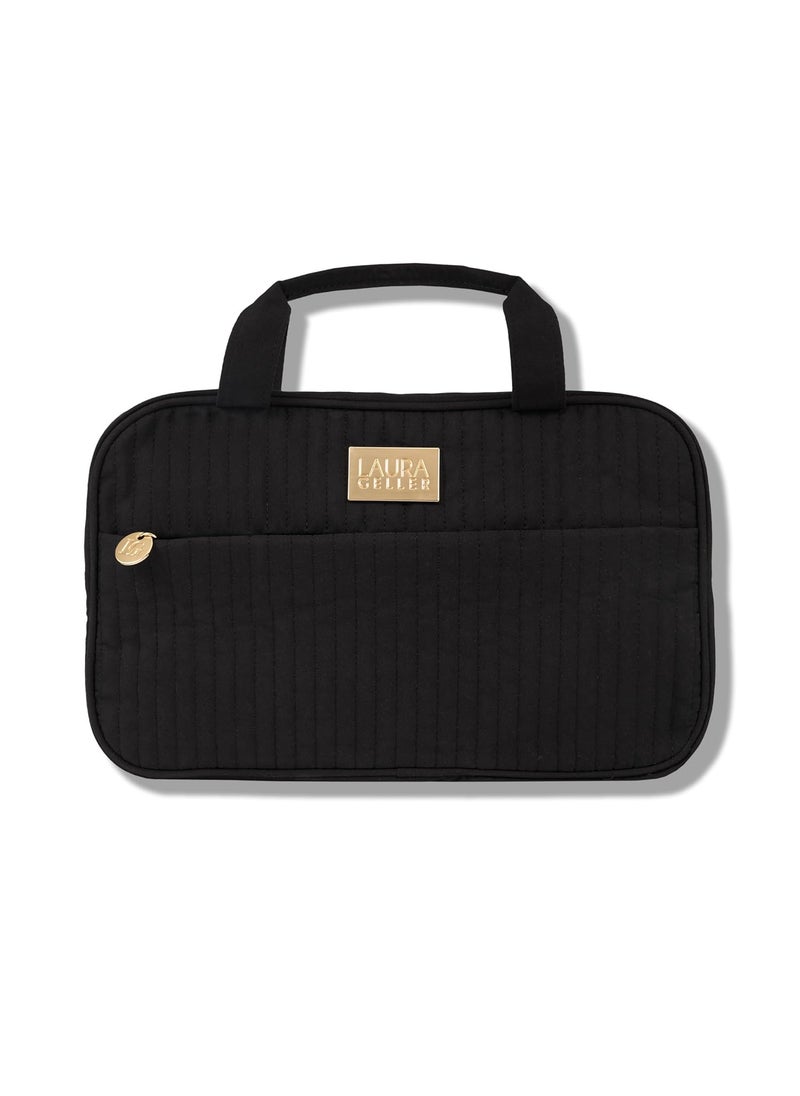 LAURA GELLER NEW YORK Quilted Folding Travel Makeup Bag, Black - Hanging Toiletry Bag Organizer for Travel - Large Capacity Full Size Makeup Bag - Easy to Clean