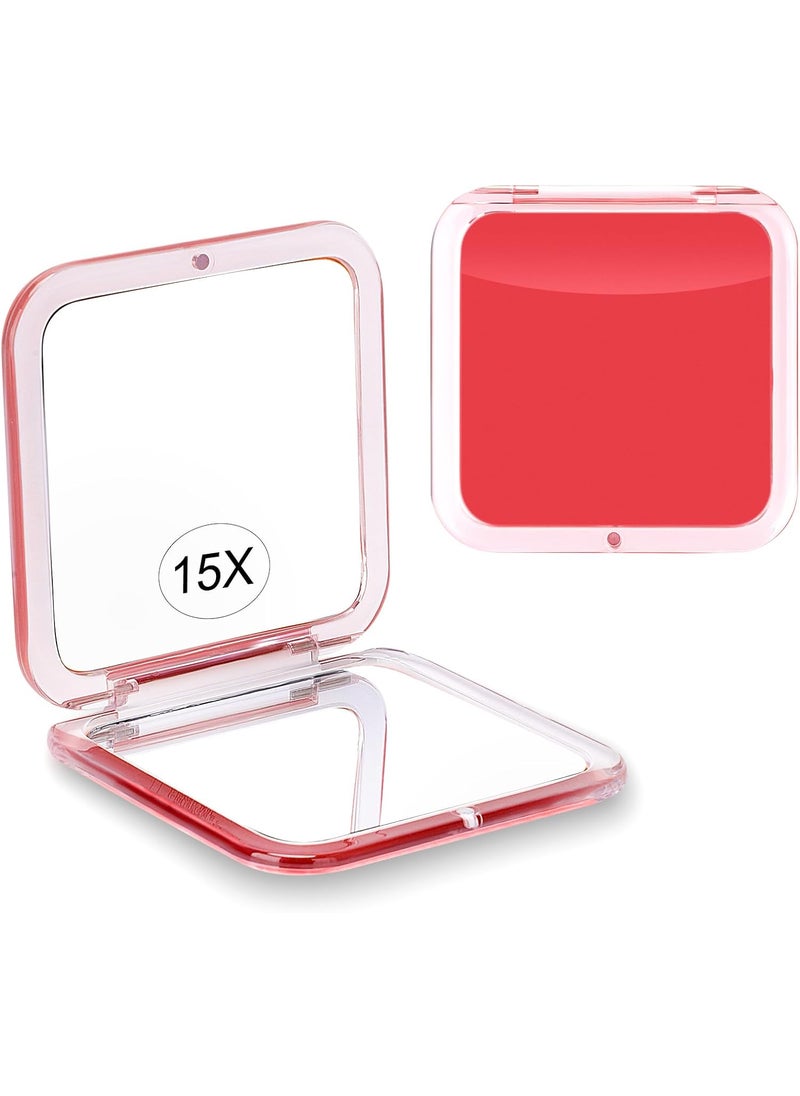 Compact 15X Magnifying Makeup Mirror for Travel, Small Pocket Mirror-Handheld, Foldable & Portable 2-Sided with 15X Magnifying and 1X Mirror for Purses - Square 3.3 x 3.3 inch (Red)