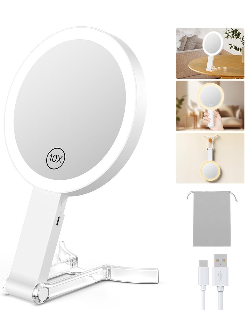 Benbilry Lighted Travel Makeup Mirror with 10X Magnification & 3 Color Lights, Adjustable Brightness & Stand, Tabletop & Hanging, 3 in 1 Portable Rechargeable Handheld Mirror, White