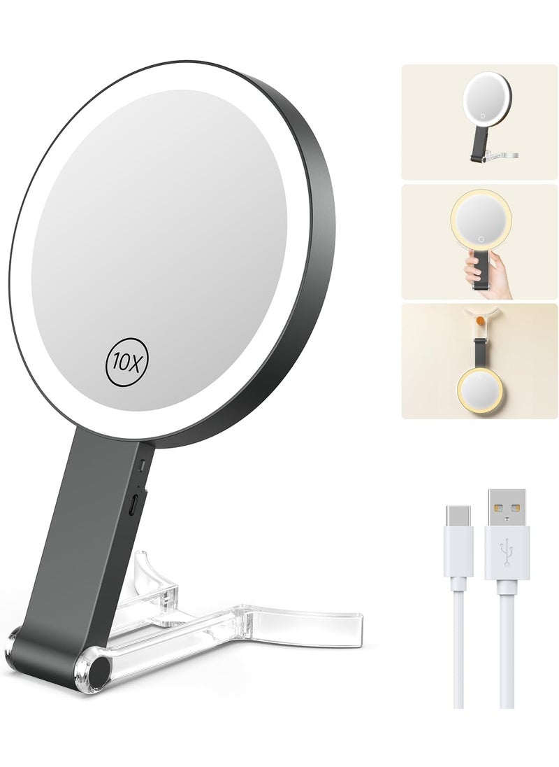 Benbilry Lighted Travel Makeup Mirror with 10X Magnification & 3 Color Lights, Adjustable Brightness & Stand, Tabletop & Hanging, 3 in 1 Portable Rechargeable Handheld Mirror, Black