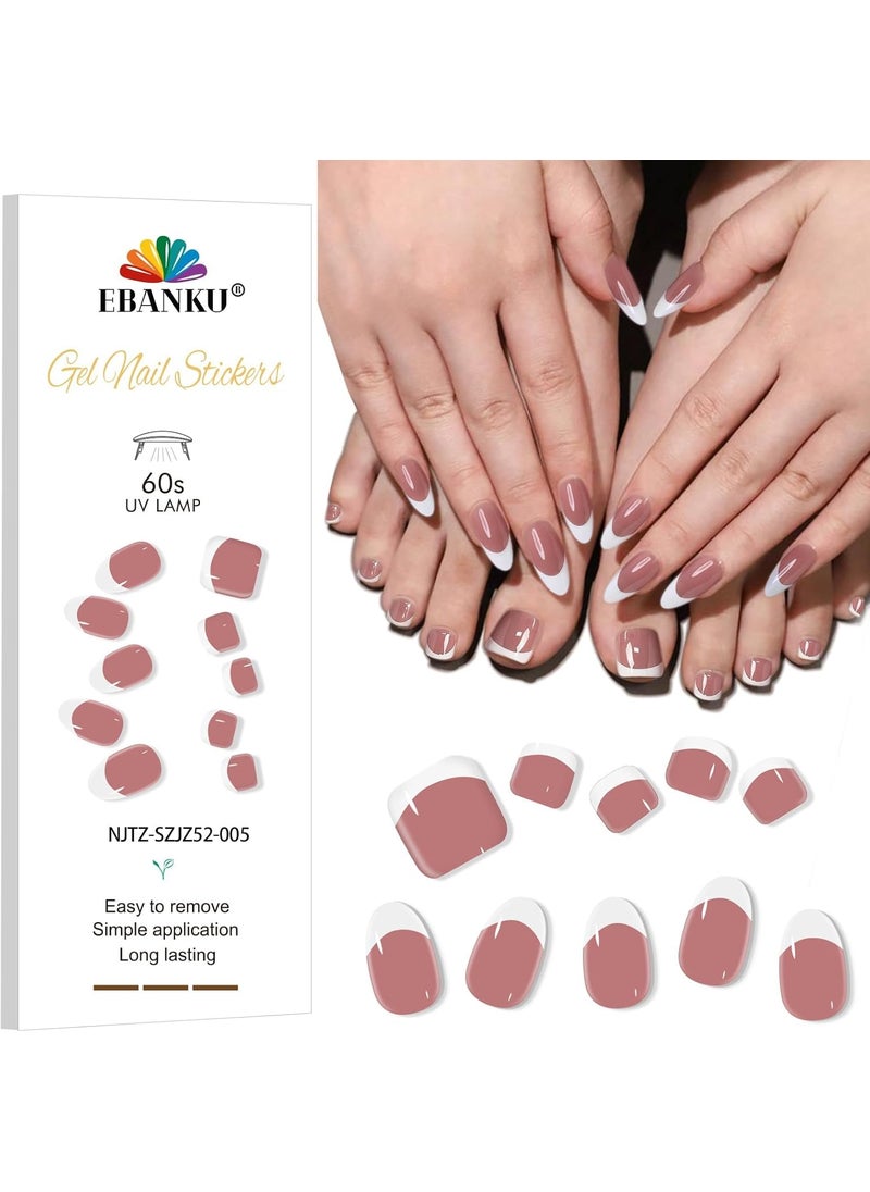 EBANKU 52Pcs Semi Cured Gel Toenail Strips, Gel Nail Strips for Toes UV Gel Nail Stickers, French Sheer Jelly Nude Pink Long-Lasting Manicure Stickers with Nail File&Stick, Works with UV Lamps