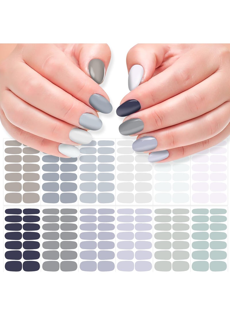 DANNEASY 12 Sheets Nail Stickers Full Nail Wraps Solid Color Nail Polish Stickers Fingernails Wraps for Women Self Adhesive Nail Polish Strips with Nail File, Cuticle Stick - Gray