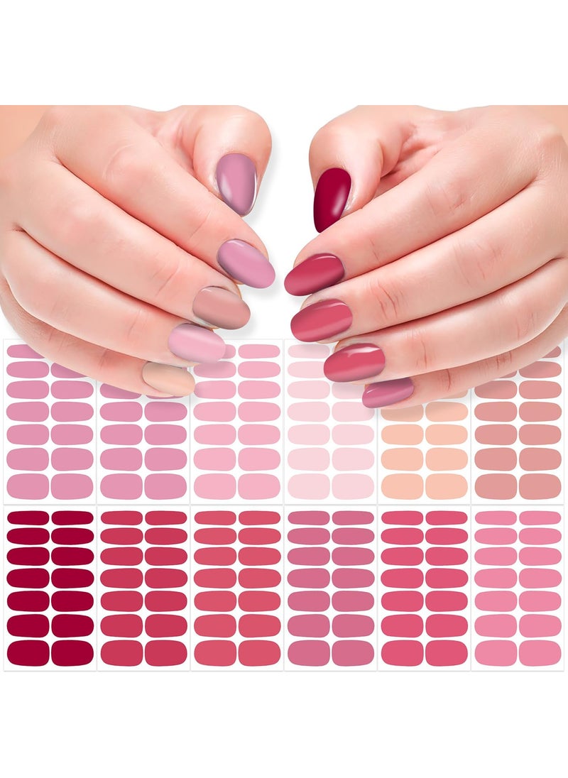 DANNEASY 12 Sheets Nail Polish Stickers Full Nail Wraps for Women Solid Color Fingernails Wraps Self Adhesive Nail Polish Strips Gel Nail Strips with Nail File, Cuticle Stick - Pink