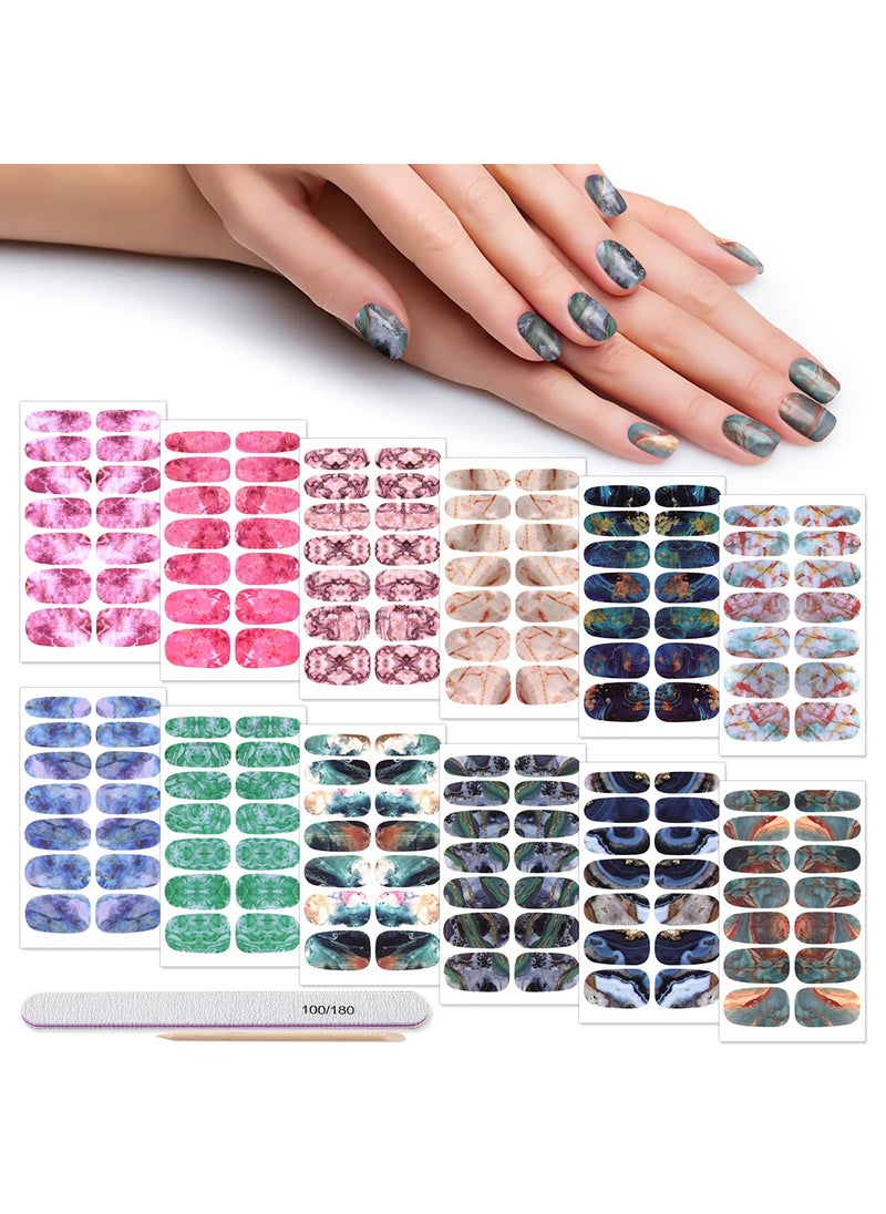 Nail Polish Strips, DANNEASY 12 Sheets Marbling Print Nail Stickers Tips Adhesive Nail Wraps Manicure Kit 1Pc Nail File + Wood Cuticle Stick