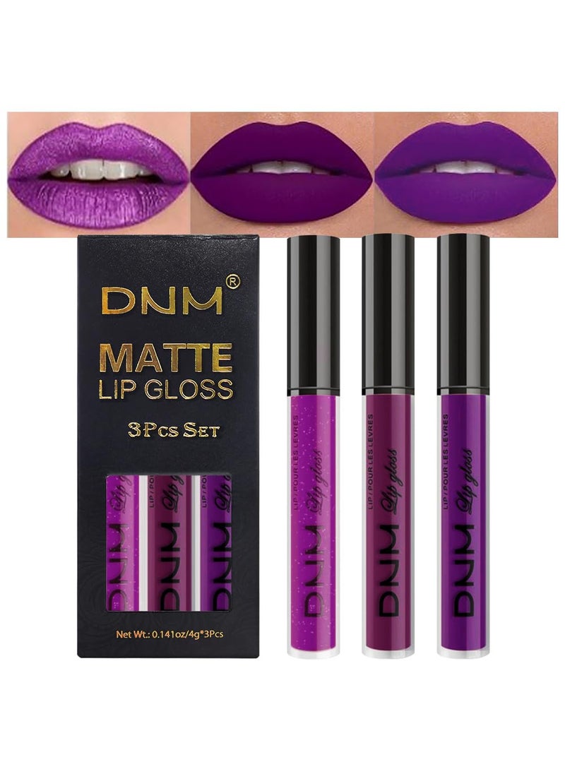 evpct DNM 3Pcs Violet Purple Crystal Metallic Shimmer Glitter Matte Liquid Lipstick Lip Stain Sets for Women Matte+Lipstick Long Lasting Waterproof Permanent 24 Hours Magic Lipstick 24 Hours original