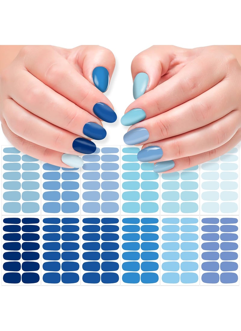 DANNEASY 12 Sheets Nail Polish Stickers Full Nail Wraps for Women Solid Color Fingernails Wraps Self Adhesive Nail Polish Strips Gel Nail Strips with Nail File, Cuticle Stick - Blue