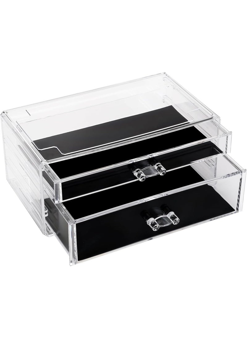 Sea Team Clear Makeup Organizer with Drawers, Acrylic Plastic Cosmetic Display Case, Jewelry Storage Box, Holder for Dresser, Bathroom, Vanity, Countertop (1 Large, 1 Middle Drawers)