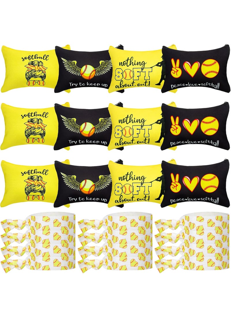 Kajaia 24 Pcs Softball Party Favors Softball Cosmetic Bag Sport Hair Scrunchies Bracelet Travel Pouch Canvas Makeup Bags Hair Ties Bands for Women Girls Team Gifts(Cute)