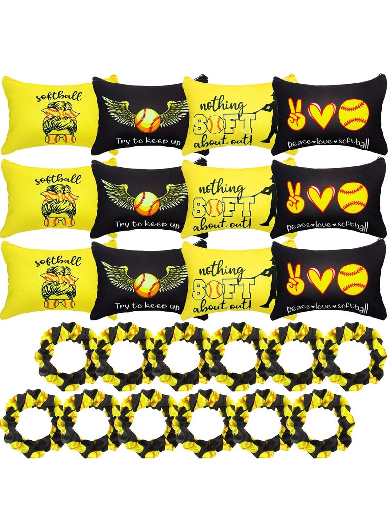 Kajaia 24 Pcs Softball Party Favors Softball Cosmetic Bag Sport Hair Scrunchies Bracelet Travel Pouch Canvas Makeup Bags Hair Ties Bands for Women Girls Team Gifts(Elegant)