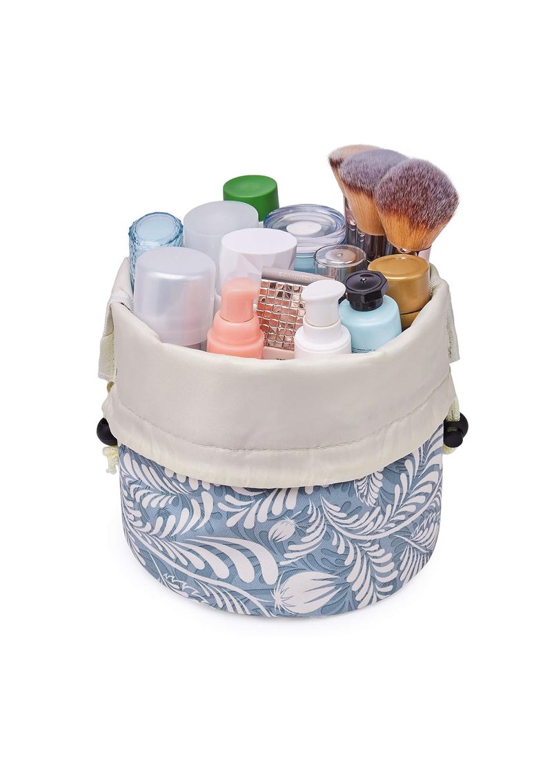 Barrel Drawstring Makeup Bag Travel Cosmetic Bag Large Toiletry Organizer Waterproof for Women (Large, Blue Leaf)