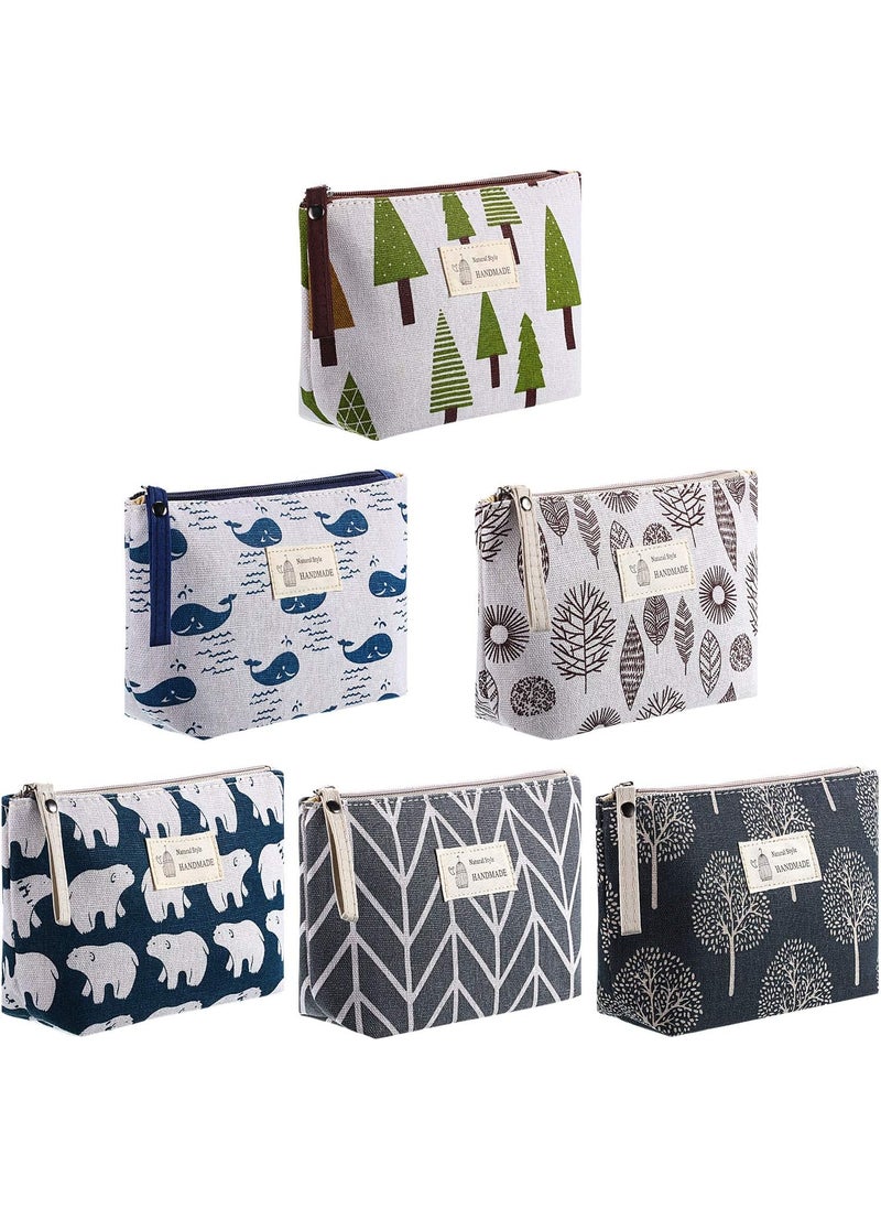 Boao 6 Pieces Canvas Cosmetic Bags Pouches for Purse with Zipper Printed Makeup Bag Multi Function Canvas Travel Pouch Organizer Pouch for Women Vacation Travel, 6 Styles(Tree Style)