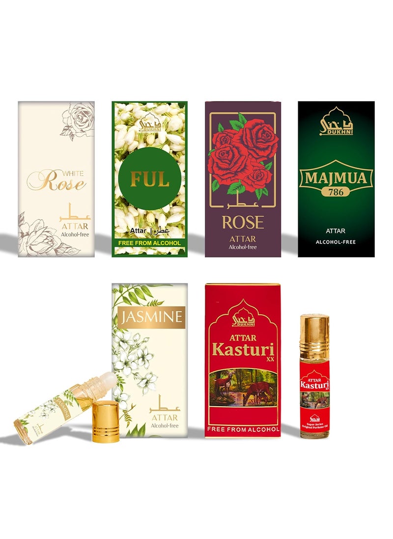 Dukhni Floral Attar Oil Set | Authentic Arabian Perfume Oils | Alcohol-Free Halal Ittar Blends | Majmua 786, Jasmine, Rose, White Rose, Kasturi XX, Attar Ful - 6ml each