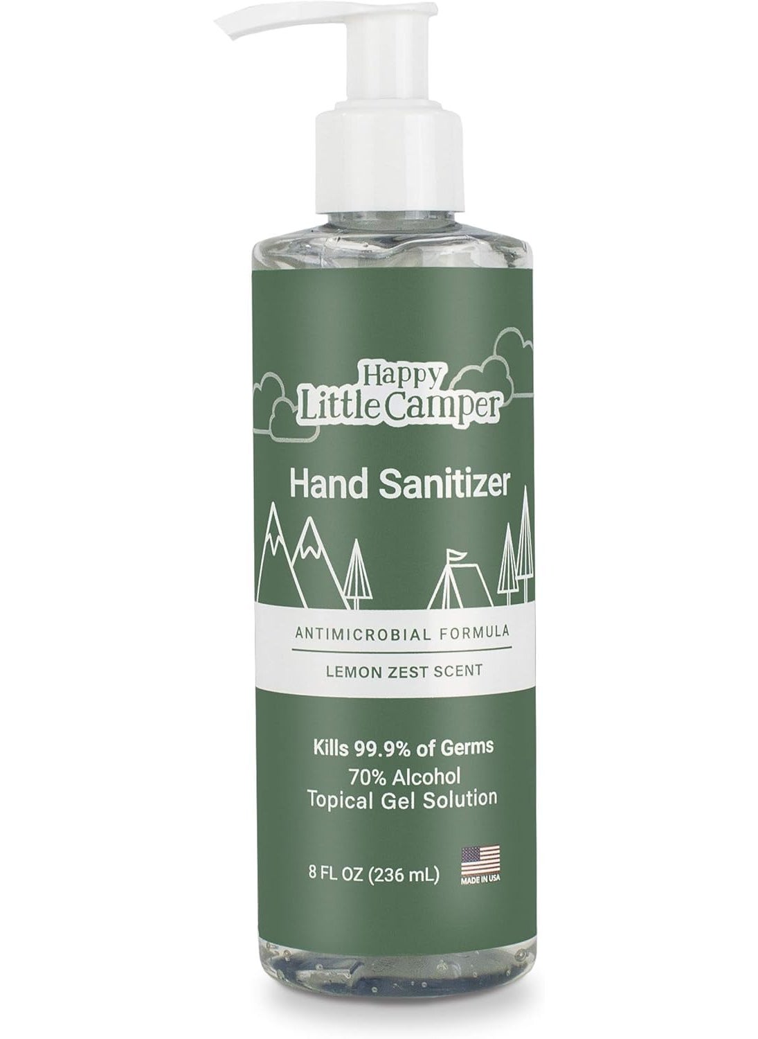 Happy Little Camper Hand Sanitizer with Lemon Zest Scent - Moisturizing Clear Gel with Vitamin E & Antimicrobial Formula- Contains 70% Ethyl Alcohol - Travel Size, Made in USA - 8 Fl Oz, 236ml