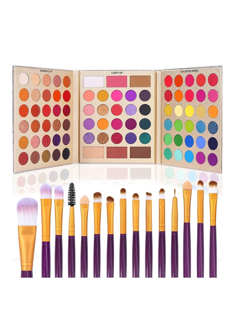 UCANBE Makeup Eyeshadow Palette + 15Pcs Brush Set, Pigmented 86 Colors Make Up Pallet with Brushes, Matte Shimmer Glitter Palettes Valentine's Gift Kit, Eye Shadow Highlighter Contour Blush Beauty Kit