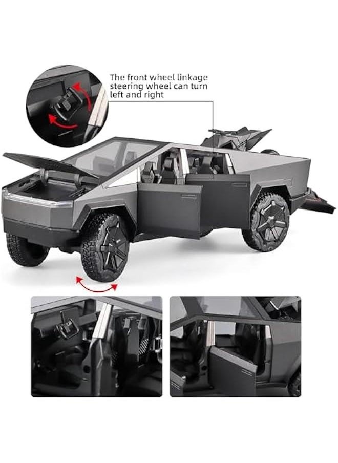 Boy Toy Pickup Truck 1/24 Mars Pickup Diecast Metal Model Car, with Sound and Light, Pull Back, Suitable for Children Aged 3 and Above as Birthday Gifts (Gray, Equipped with Beach Motorcycle)