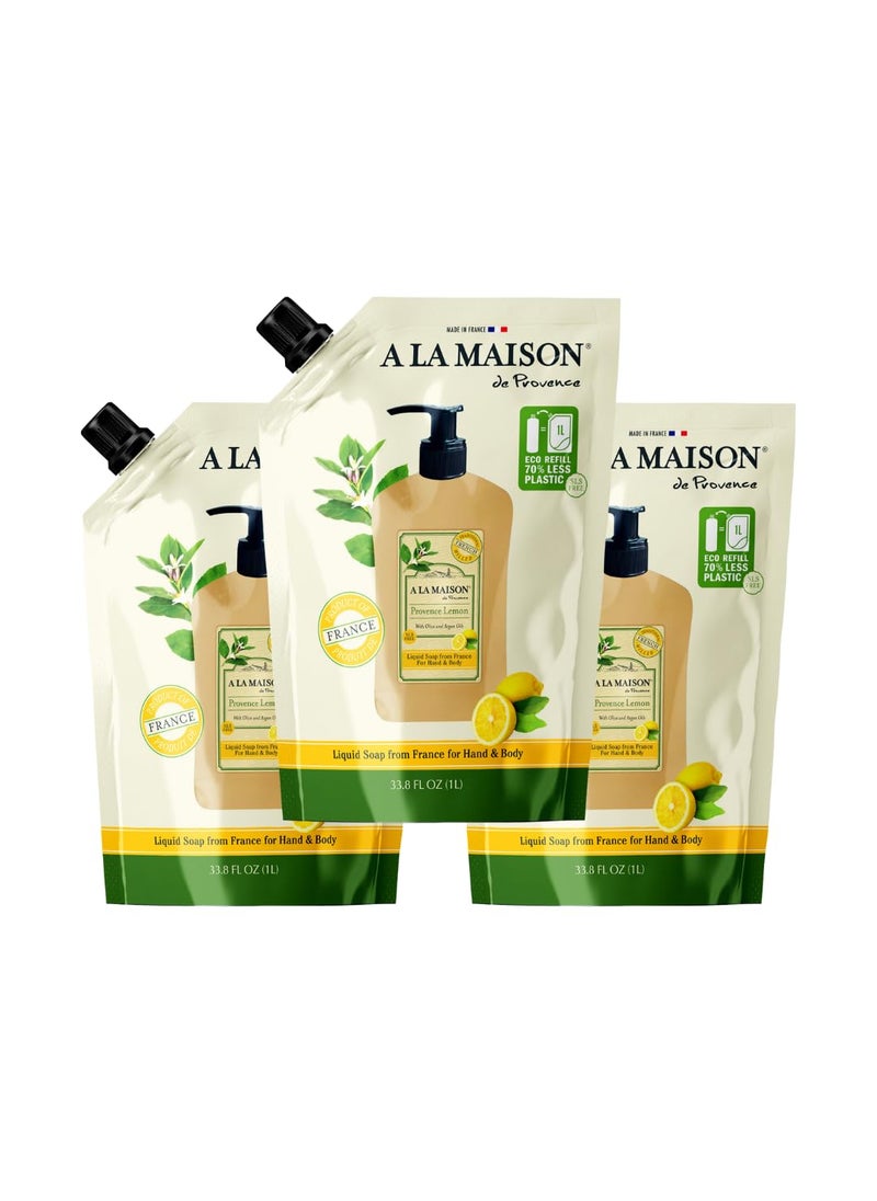 A LA MAISON French Liquid Hand Soap RefilL - Natural Hand Wash Made with Essential Oils - Biodegradable, Plant-Based, Vegan, Cruelty-Free (33.8 Fl Oz Pouch, 3 Pack, Provence Lemon)
