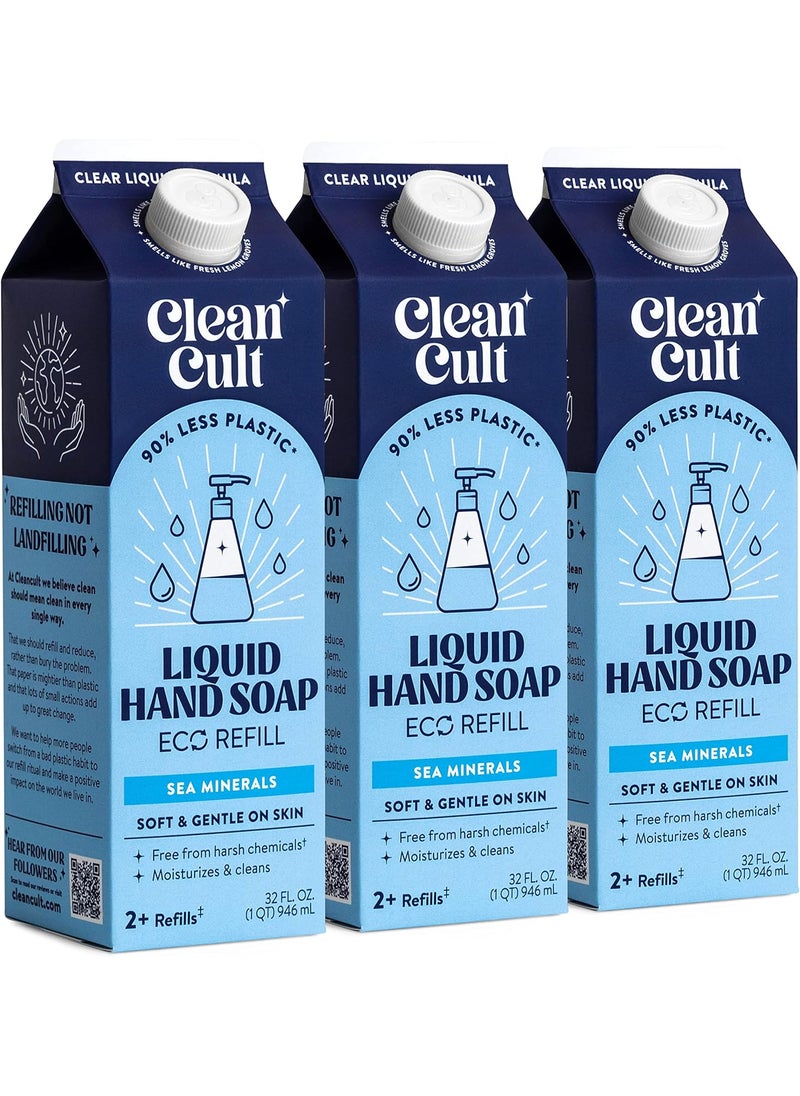 Cleancult - Liquid Hand Soap Refills - Sea Minerals - Gentle On Sensitive Skin - Made with Aloe Vera & Essential Oils - Eco Friendly - Paper-Based Packaging - 32 oz/3 Pack