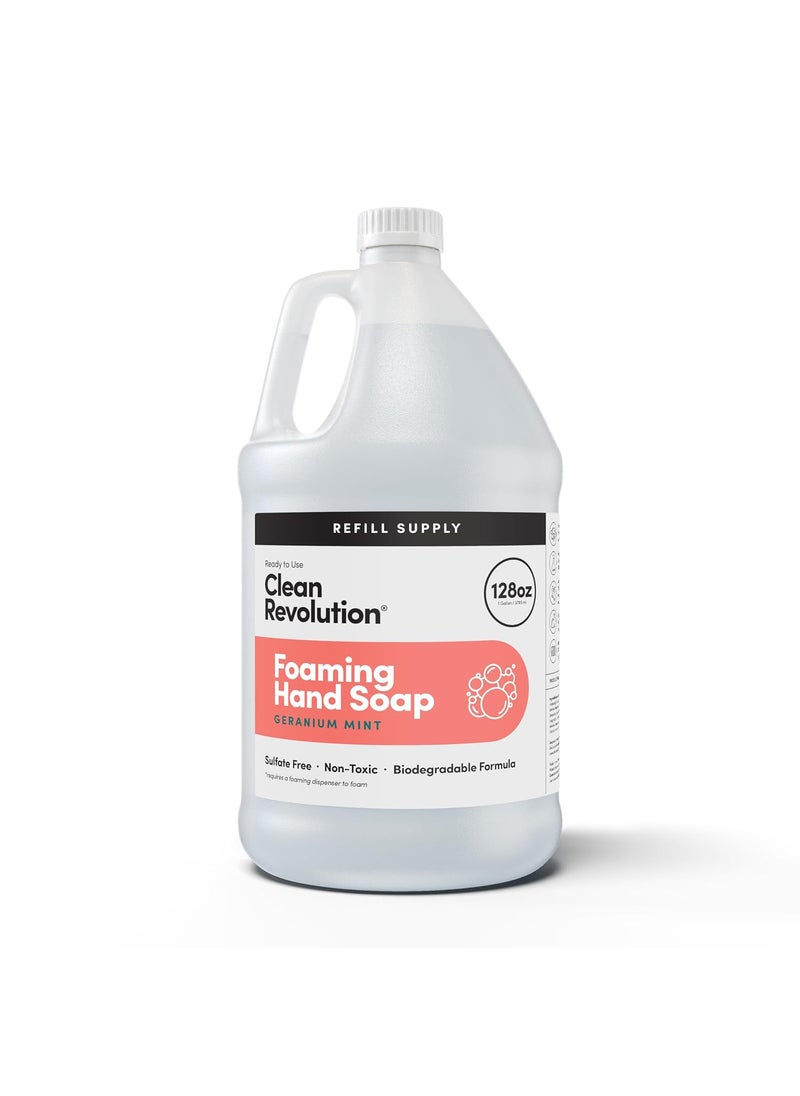 Clean Revolution Foaming Hand Soap, Gentle, Moisturizing, Ready To Use Formula, Real Essential Oils, Gluten Free, Geranium Mint, 128 Fl Oz
