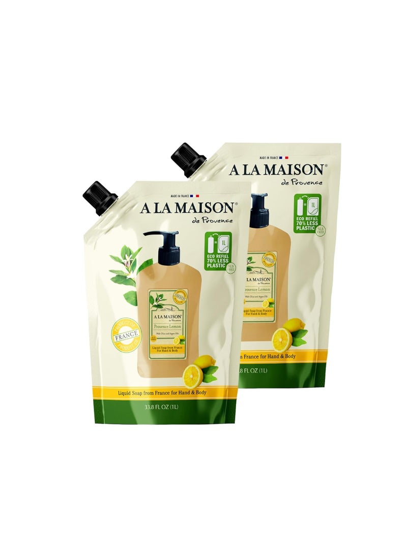 A LA MAISON French Liquid Hand Soap RefilL - Natural Hand Wash Made with Essential Oils - Biodegradable, Plant-Based, Vegan, Cruelty-Free (33.8 Fl Oz Pouch, 2 Pack, Provence Lemon)