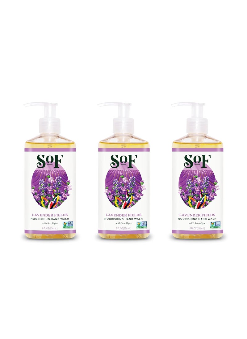 SoF Nourishing Hand Wash - With Moisturizing Sea Algae, Coconut & Olive Oil- Vegan & Non GMO- Free From Phthalates, Sulfates & Parabens- Lavender Fields - 8 oz Bottle 3 Pack