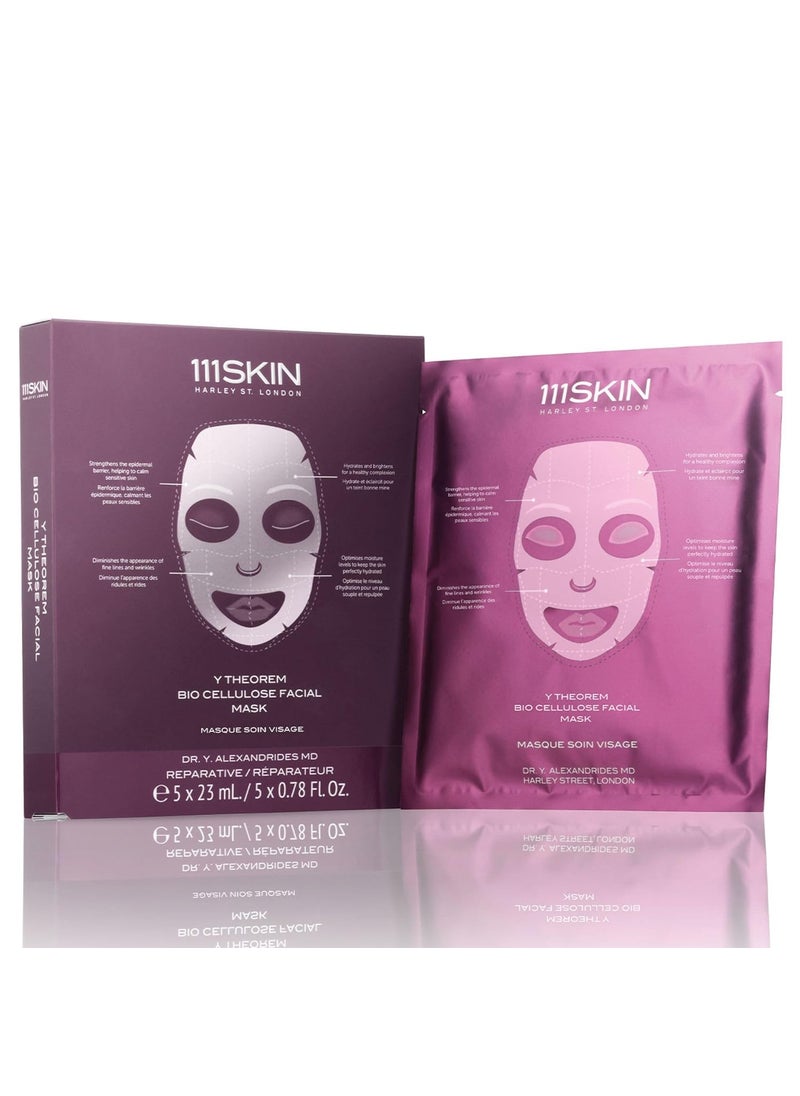 111SKIN Y Theorem Bio Cellulose Facial Mask for All Skin Types, Hydrating Face Mask with NAC Y2, Ectoin & Centella Asiatica, Enhances Skin Elasticity, Skincare Sheet Masks for Self Care, 5x 0.78 fl oz