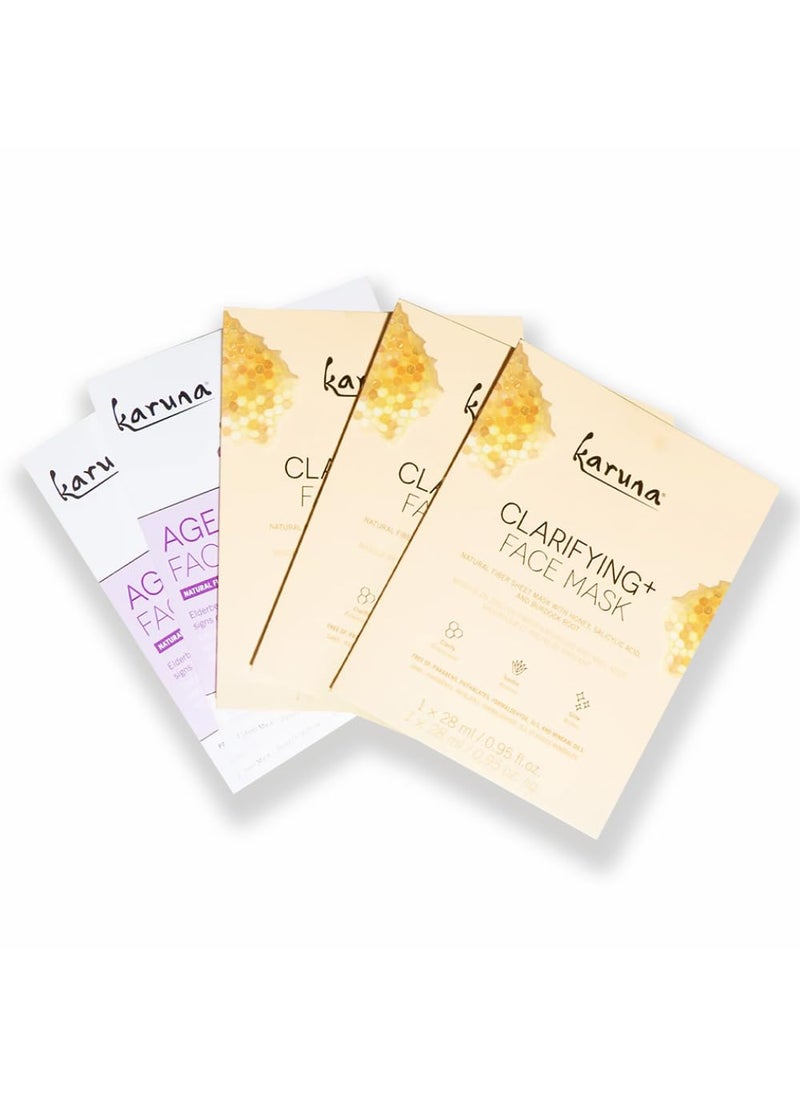 Karuna Skin - Age-Defying and Clarifying+ Variety Sheet Mask Set, Moisturizing & Hydrating, Collagen Promotion Properties, Face Mask Set, 5 Pack