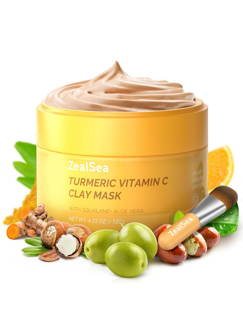 ZealSea Vitamin C American Kaolin Clay Mask with Turmeric, Pro Ultra-Fine Creamy Texture, Deep Pore Cleansing Even Skin Tone Brighten Control Oil Detoxify, 30% Aloe, Jojoba Oil, Shea Butter & Squalane