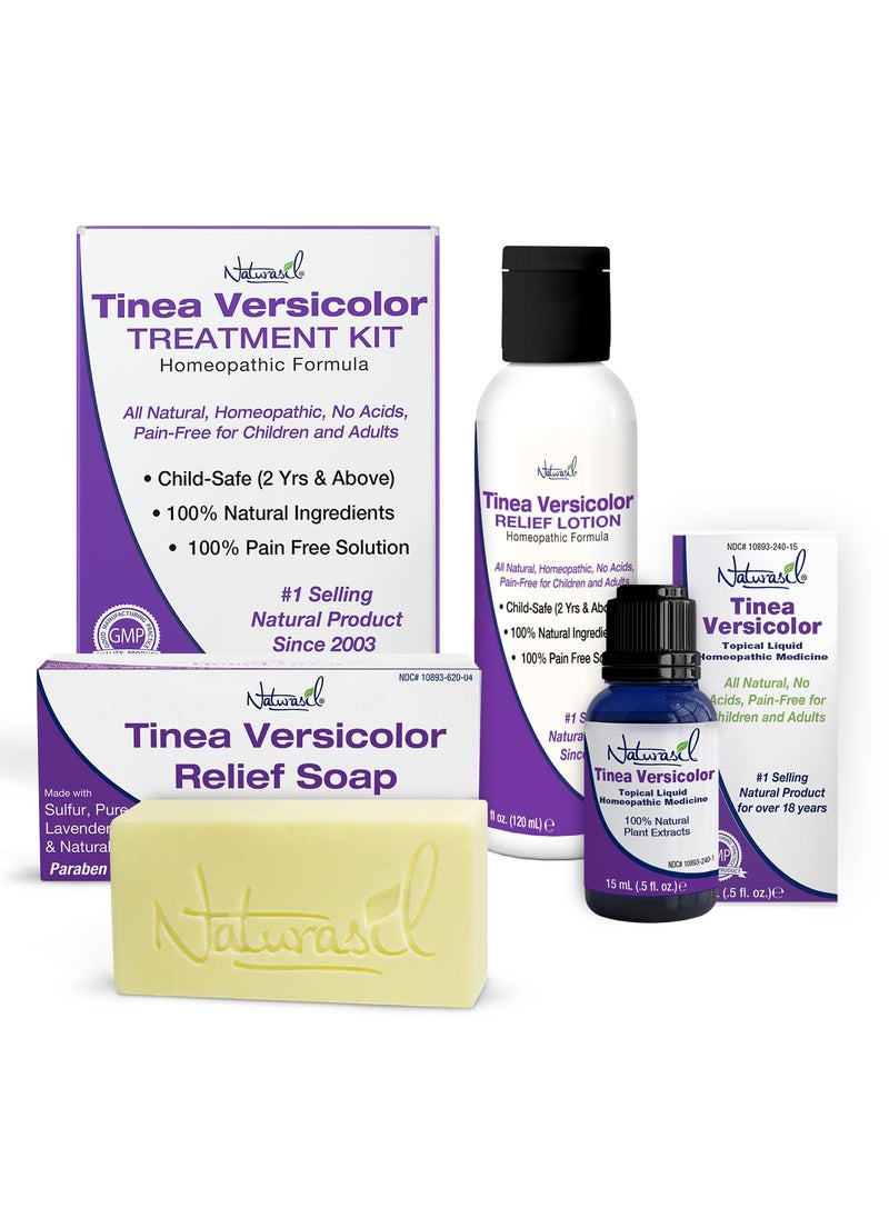 Tinea Versicolor Total Control Treatment Pack by Naturasil | Fast, Effective Relief from Skin Discoloration, Spots & Itching | Works on Candida, Jock Itch, Ringworm | 4oz Lotion + 4oz Soap + 15ml Oil