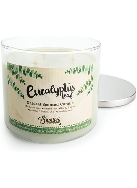 Eucalyptus Leaf Scented Natural 3 Wick Candle, Essential Fragrance Oils, 100% Soy, Phthalate & Paraben Free, Clean Burning, 14.5 Oz.
