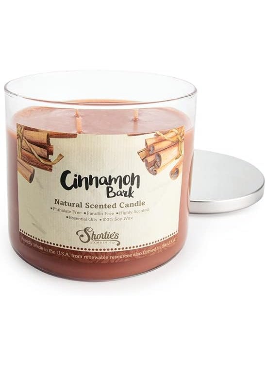 Cinnamon Bark Highly Scented Natural 3 Wick Candle, Essential Fragrance Oils, 100% Soy, Phthalate & Paraben Free, Clean Burning, 14.5 Oz.