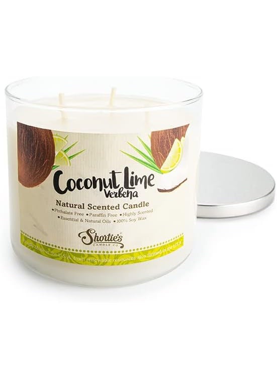Coconut Lime Verbena Highly Scented Natural 3 Wick Candle, Essential Fragrance Oils, 100% Soy, Phthalate & Paraben Free, Clean Burning, 14.5 Oz.