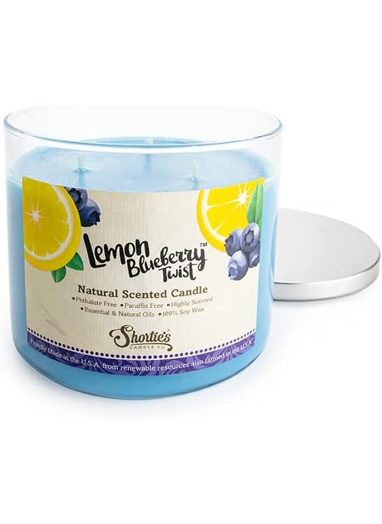 Lemon Blueberry Twist Highly Scented Natural 3 Wick Candle, Essential Fragrance Oils, 100% Soy, Phthalate & Paraben Free, Clean Burning, 14.5 Oz.