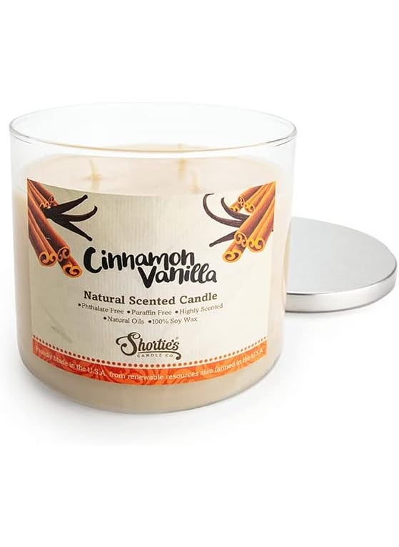 Cinnamon Vanilla Highly Scented Natural 3 Wick Candle, Essential Fragrance Oils, 100% Soy, Phthalate & Paraben Free, Clean Burning, 14.5 Oz.