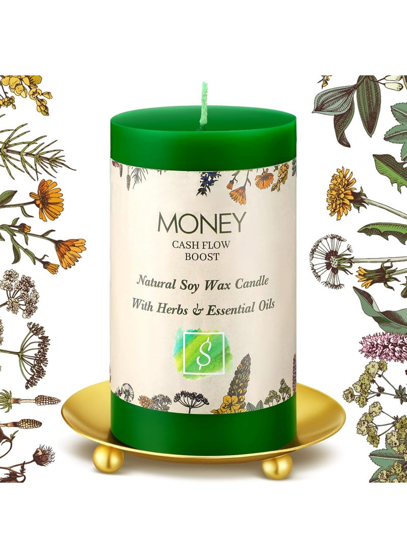 MTLEE 6'' Money Candle Financial Freedom Aromatherapy Candle with Gold Trays Holder Money Scented Green Pillar Decoration for Home Wealth Abundance Prosperity